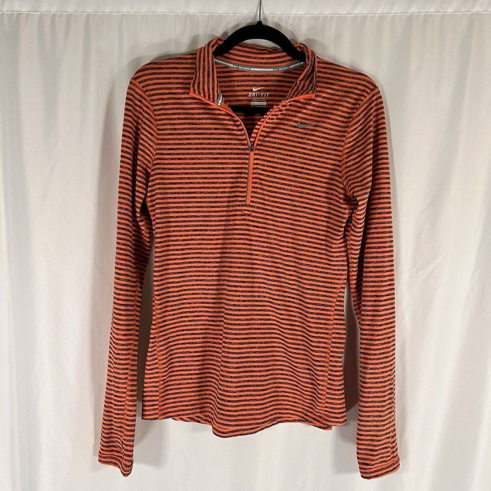 Nike Running Jacket Women's Small Orange Striped 1/4 Zip Dri Fit Long Sleeve